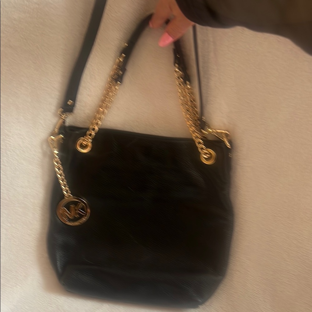 MKBlack Leather Chain Tote Bag